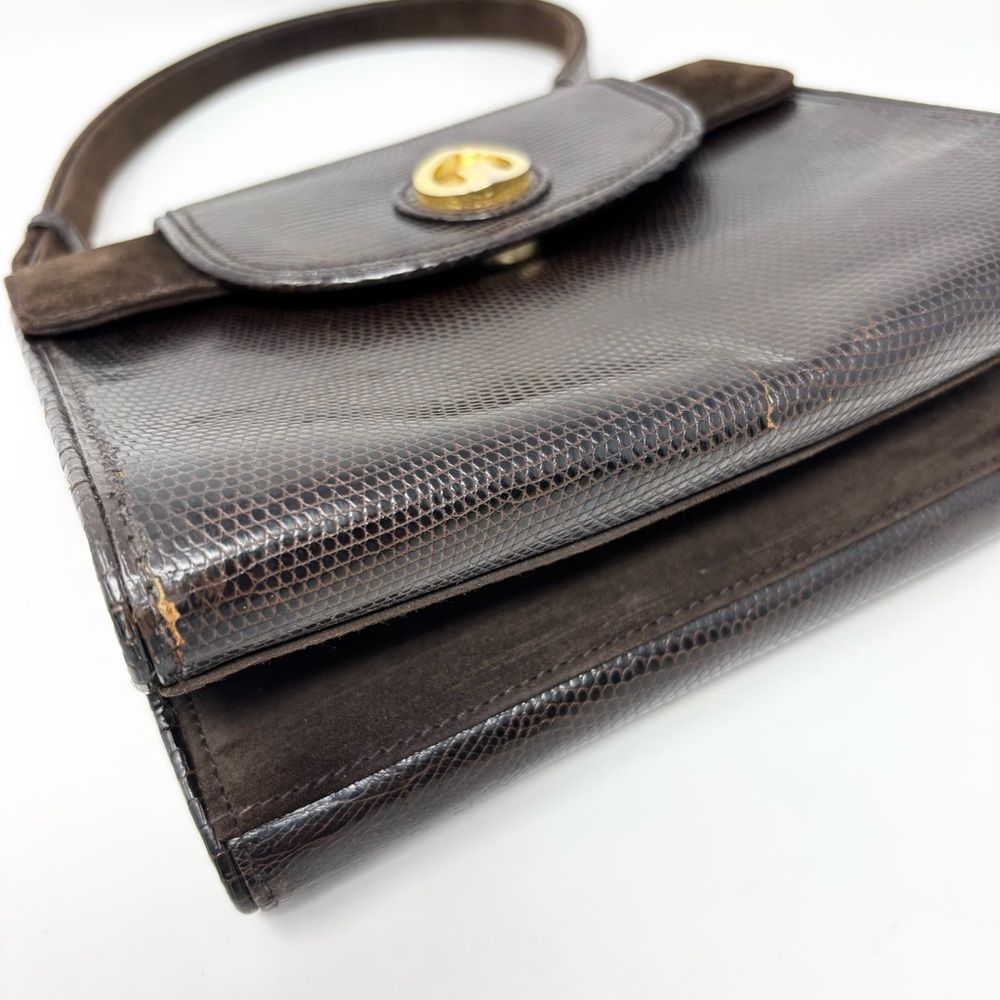 Gucci Vintage 1970s Blondie Logo Lizard & Suede Top Handle Bag Chocolate Brown - Picture 7 of 16